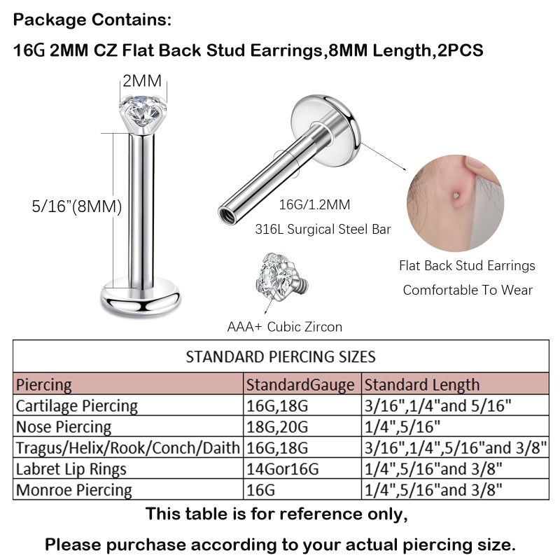 CANDYFANCY 16g 2/3/4mm Cubic Zirconia Stone Triple Forward Helix Ear Cartilage Tragus Studs Lip Piercing Earrings 16 gauge(2mm stone, 8mm Length, 2pcs) - Image 5